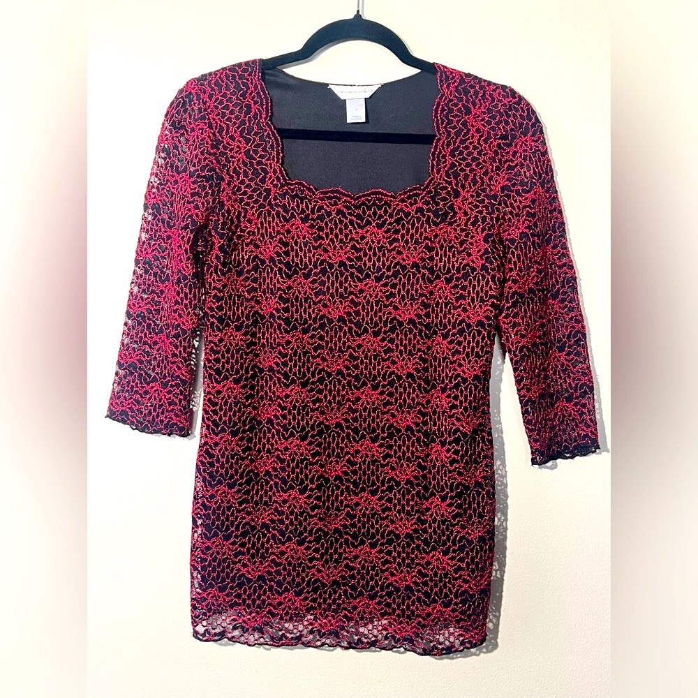 Christopher & Banks blouse top women S 3/4 sleeve layered‎ sheer lace overlay
